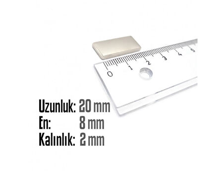 Neodyum Mıknatıs Köşeli  20x8mm , Kalınlık 2 mm ( 3 Adet)