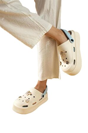 Yüksek Taban Taşlı Kadın Sandalet KREM-MAVİ