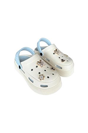 Yüksek Taban Taşlı Kadın Sandalet KREM-MAVİ