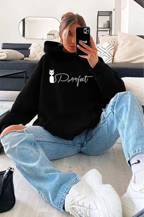 Unisex Cat Purrfect Baskılı Oversize Hoodie Kapüşonlu Sweatshirt