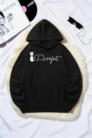 Unisex Cat Purrfect Baskılı Oversize Hoodie Kapüşonlu Sweatshirt