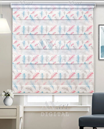 Renkli Kuş Tüyü Baskılı Zebra Perde - Colourful Feather - Dijital Baskılı Zebra Perde