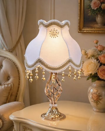 Beyaz Lulu Broşlu Kadife Başlık Gold Metal Burgulu Ayaklı Klasik Model Abajur 55x25cm