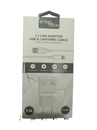 STEELTECH 5V 2.1A 10W 1mt USB 3.0 Ev Şarj Kafa + Lightning Şarj Kablosu