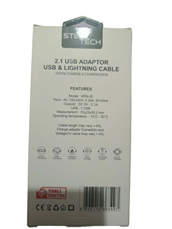 STEELTECH 5V 2.1A 10W 1mt USB 3.0 Ev Şarj Kafa + Lightning Şarj Kablosu