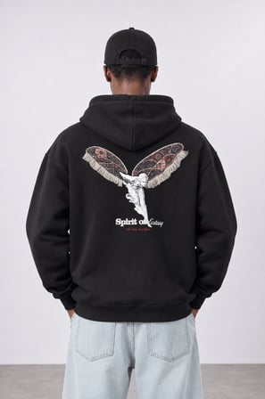 Erkek Spirit Patch Detaylı Oversize Hoodie Siyah