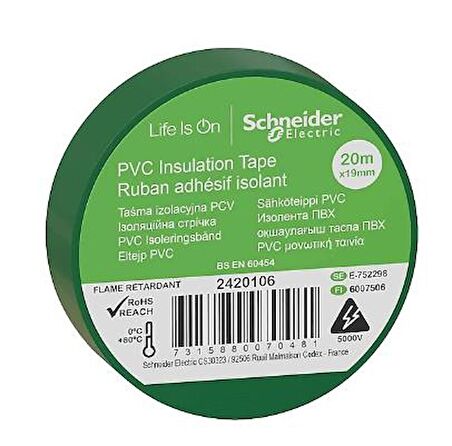 SCHNEIDER ELECTRIC 2420106 19MMx20MT YEŞİL PVC İZOLE ELEKTRİK BANDI