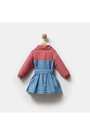 Kız Çocuk Müslin Kot Kumaş Bağlamalı Elbise