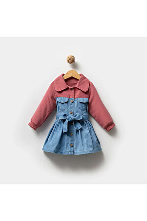 Kız Çocuk Müslin Kot Kumaş Bağlamalı Elbise