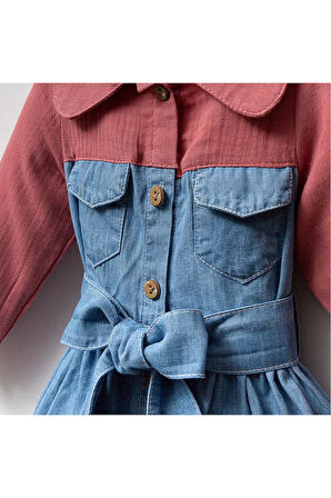 Kız Çocuk Müslin Kot Kumaş Bağlamalı Elbise