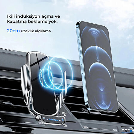 Winex Q9 15W Sensörlü Araç İçi Kablosuz Hızlı Şarj Aleti ve Telefon Tutucu