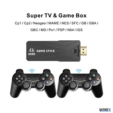 Winex 4K Android TV Stick ve Retro Game Konsol 10000 Oyunlu 64GB Siyah