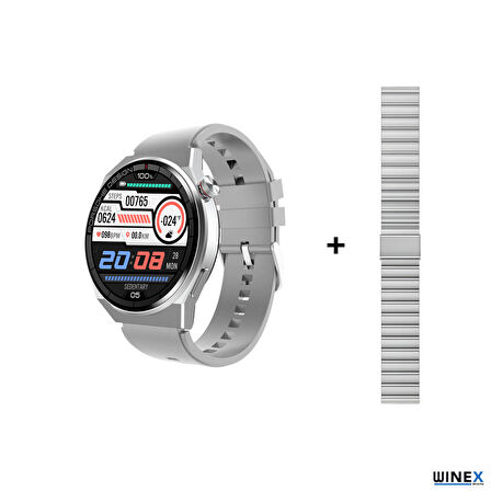 Winex Watch GT3 Pro Android İos HarmonyOs Uyumlu Akıllı Saat Yedek Kordonlu Gümüş