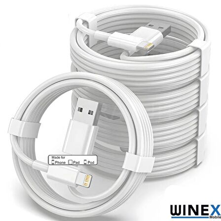 Winex 5 Adet 3A 45W İphone UsbA to Lightning 1m Hızlı Data ve Şarj Kablosu Beyaz