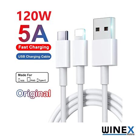 Winex 2in1 5A 120W UsbA to Type-C ve Lightning Hızlı Data ve Şarj Kablosu 120cm