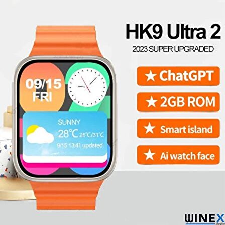 Winex Watch HK9 Ultra 2 Amoled Ekran Android İos HarmonyOs Uyumlu Akıllı Saat Turuncu