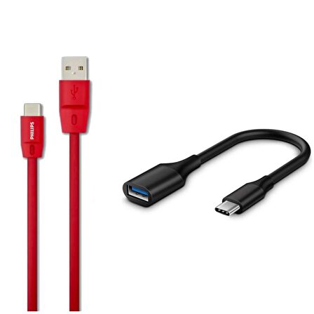 Philips 5A 100W UsbA to Type-C 1.8 M Hızlı Şarj ve Data Kablosu + ScHitec Type-C to UsbA 3.0 OTG Dönüştürücü Adaptör