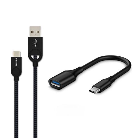 Philips 5A 100W UsbA to Type-C Örgülü 1.2M Hızlı Şarj Data Kablosu+ ScHitec Type-C to UsbA 3.0 OTG Dönüştürücü Adaptör