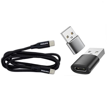 Philips 6A 100W Type-C to Type-C Örgülü Hızlı Şarj Kablosu 50cm + Winex UsbA Type-C 3.1 Otg Çevirici Dönüştürücü Adaptör