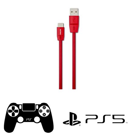 Philips Playstation 5 Uyumlu Joystick Şarj Kablosu 5A 100W UsbA to Type-C 1.8 M Hızlı Şarj Data Kablosu Kırmızı DLC2529C
