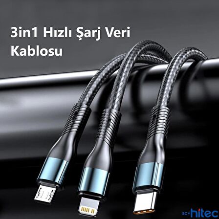 ScHitec 3in1 Lightning, Type-C, Micro Çıkışlı Örgülü Hızlı Data ve Şarj Kablosu 1.2m Siyah 