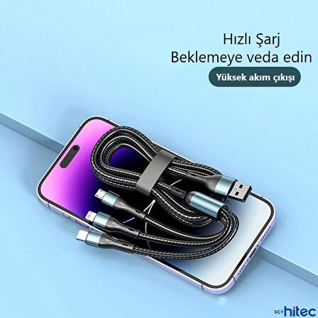 ScHitec 3in1 Lightning, Type-C, Micro Çıkışlı Örgülü Hızlı Data ve Şarj Kablosu 1.2m Siyah 
