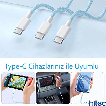 ScHitec 6A 60W Apple İphone 15 ve Üzeri Uyumlu Type-C to Type-C Örgülü Hızlı Data ve Şarj Kablosu Beyaz