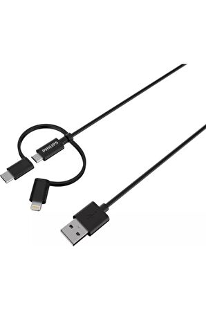Philips MFI Apple Lisanslı İphone 13 Pro 3in1 Micro Usb-Lightining-Type-C Hızlı Şarj ve Data Kablosu 2m Siyah 