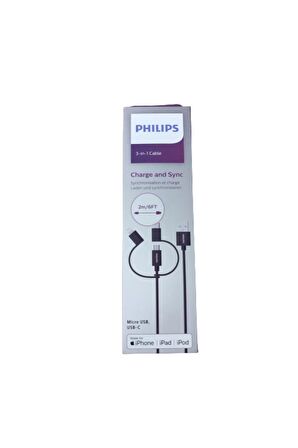 Philips MFI Apple Lisanslı İphone 13 Pro 3in1 Micro Usb-Lightining-Type-C Hızlı Şarj ve Data Kablosu 2m Siyah 