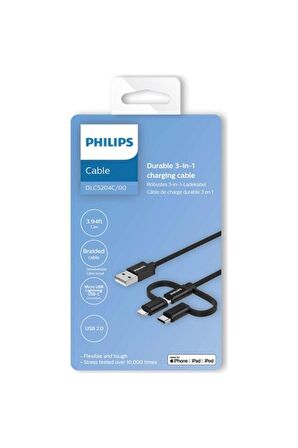 Philips MFI Apple Lisanslı İphone 13 Pro 3in1 Micro Usb-Lightining-Type-C Hızlı Şarj ve Data Kablosu 2m Siyah 