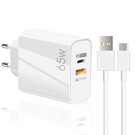 ScHitec 65W UsbA PD33W Quick Charger 3.0 UsbA to Micro 3m Kablolu Hızlı Şarj Aleti Set