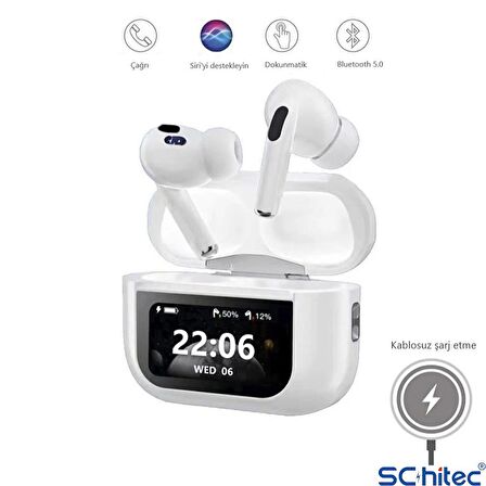 ScHitec A88 Pro Oled Ekranlı ANC/ENC Destekli 5.0 Beyaz Bluetooth Kulaklık Beyaz