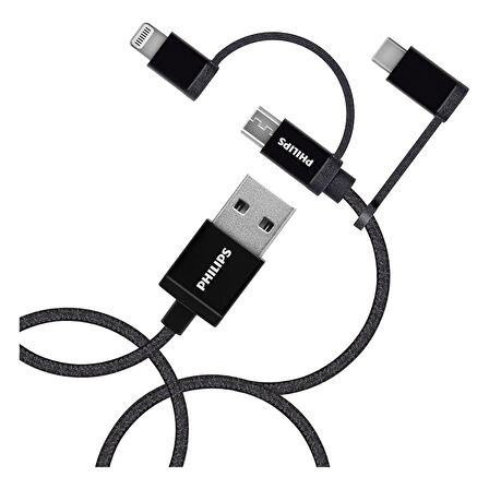 Philips MFI Apple Lisanslı İphone 15 Pro 3in1 Micro Usb-Lightining-Type-C Hızlı Şarj ve Data Kablosu 2m Siyah DLC3106T