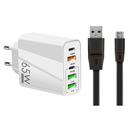 ScHitec 120W 3 Type-C + 2 UsbA Toplam 5 Çıkışlı Philips 3A 45W UsbA to Micro Kablolu 1.8m Şarj Aleti Beyaz SR104