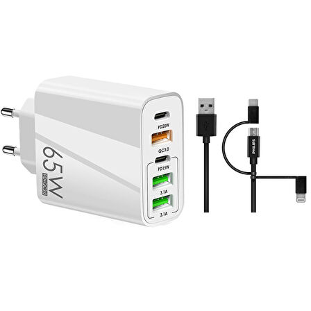 ScHitec 120W 3 Type-C + 2 UsbA Toplam 5 Çıkışlı Philips 3in1 Micro Usb-Lightining-Type-C Kablolu 2m  Şarj Aleti Beyaz SR104