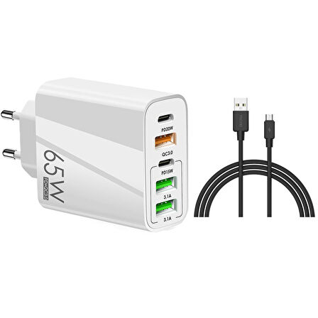 ScHitec 120W 3 Type-C + 2 UsbA Toplam 5 Çıkışlı Tecno TCD-M11 USB-A to Micro 2A Kablolu Şarj Aleti Beyaz SR104