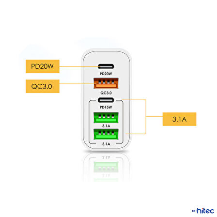ScHitec 120W 3 Type-C + 2 UsbA Toplam 5 Çıkışlı Tecno TCD-M11 USB-A to Micro 2A Kablolu Şarj Aleti Beyaz SR104