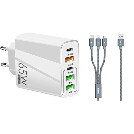 ScHitec 120W 3 Type-C + 2 UsbA Toplam 5 Çıkışlı Tecno 3in1 Lightning, Type-C, Micro Kablolu Şarj Aleti Beyaz SR104