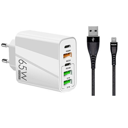 ScHitec 120W 3 Type-C + 2 UsbA Toplam 5 Çıkışlı Philips MFI Lisasnlı UsbA to Lightning Kablolu Şarj Aleti Beyaz SR104