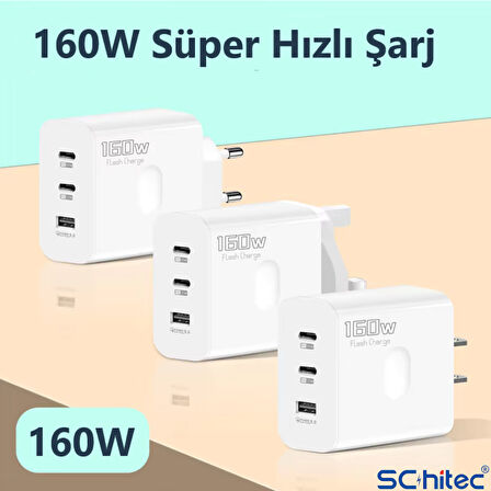 ScHitec 160W 2xType-C + UsbA Quick Charger 5.0 Teknolojili Ev Tipi 3 Çıkışlı Şarj Aleti Başlığı SR40