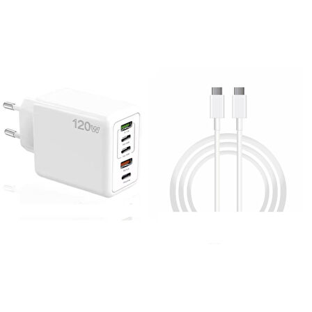 ScHitec 120W 3 Type-C + 2 UsbA Toplam 5 Çıkışlı Ev Tipi Şarj Aleti Set 6A 120W Type-C to Type-C 2Metre Süper Hızlı Data ve Şarj Kablosu SR30