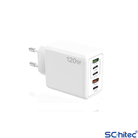 ScHitec 120W 3 Type-C + 2 UsbA Toplam 5 Çıkışlı Ev Tipi Şarj Aleti Set 6A 120W Type-C to Type-C 2Metre Süper Hızlı Data ve Şarj Kablosu SR30