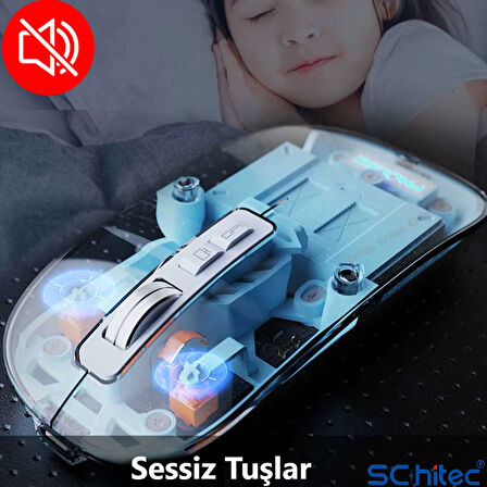 ScHitec M377 Ultra Sessiz 3 Bağlantı Modlu 2xBluetooth Kablosuz Bağlantı + 2.4Gh Gaming Type-C Şarjlı Mouse Beyaz
