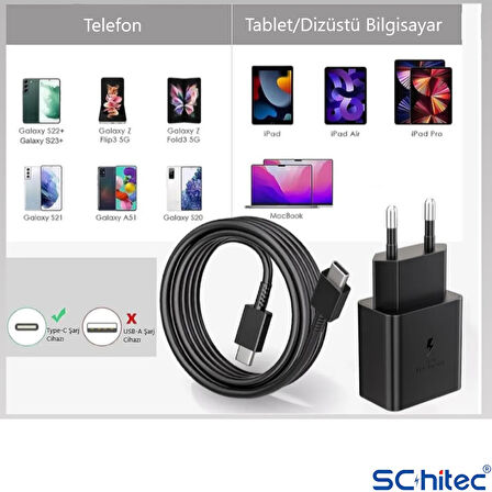 ScHitec 25W Hızlı Şarj Aleti Type-C Çıkışlı Type-C to Type-C Kablolu Şarj Cihazı Siyah SR64