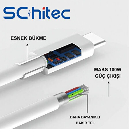 ScHitec 6A 100W Type-C to Type-C Hızlı Data ve Süper Şarj Kablosu 3 Metre Beyaz SX30