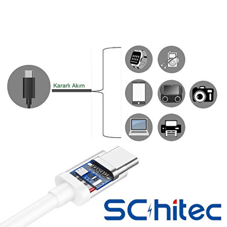 ScHitec 6A 100W Type-C to Type-C Hızlı Data ve Süper Şarj Kablosu 3 Metre Beyaz SX30