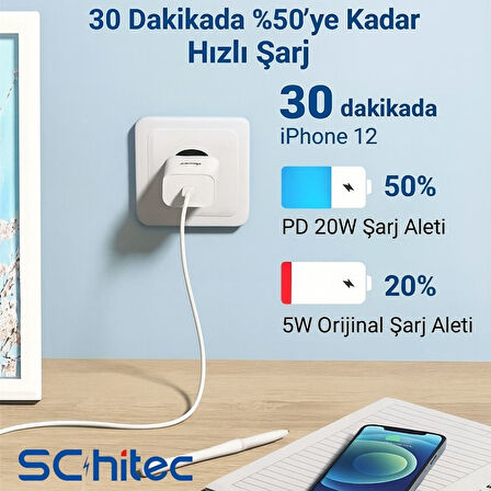 ScHitec 3A 60W Type-C to Lightning Hızlı Data ve Şarj Kablosu 2 Metre Beyaz SX252M