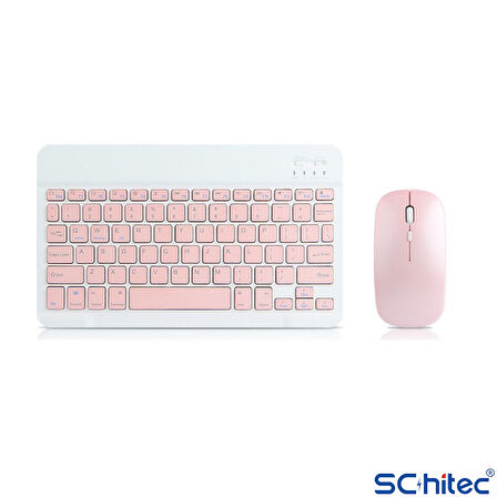ScHitec Kablosuz Klavye ve Mouse Set Type-C Şarjlı Bluetooth 2.4G Bağlantlılı Pembe