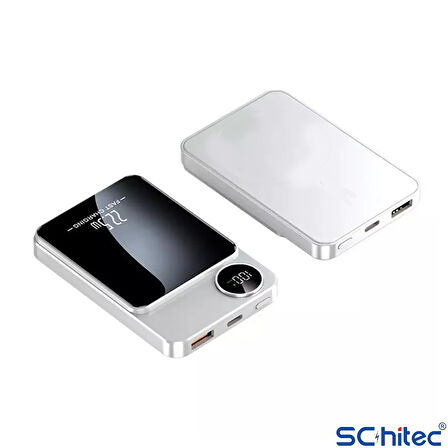 ScHitec 22.5W Magsafe Kablosuz ve Dijital Ekranlı 10000mAH Powerbank Beyaz
