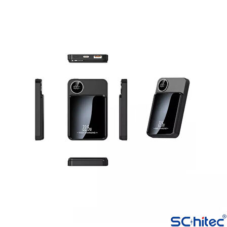 ScHitec 22.5W Magsafe Kablosuz ve Dijital Ekranlı 10000mAH Powerbank Siyah